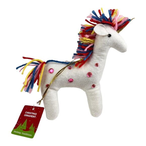 Rhinestone Unicorn Plush Ornament 6" Christmas White Stuffed Animal Yarn Mane - Picture 3 of 6